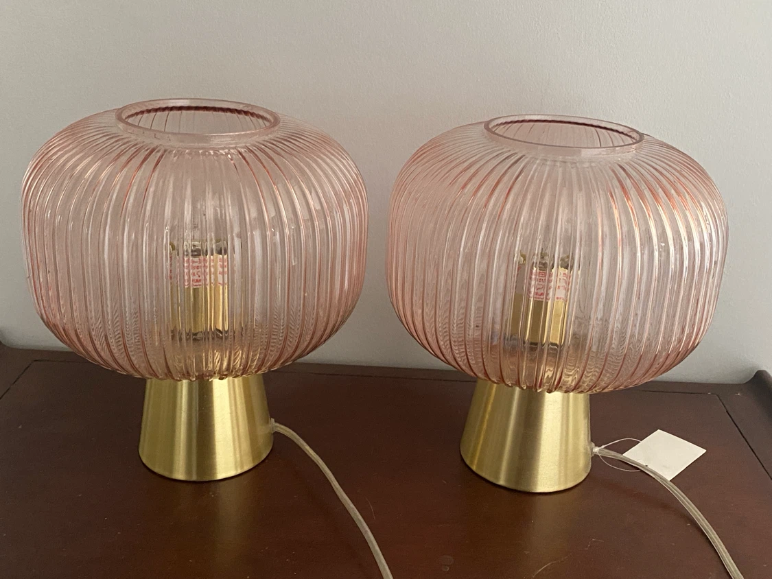 Pair of Pink Ribbed Glass Table Lamps with Brass Base
