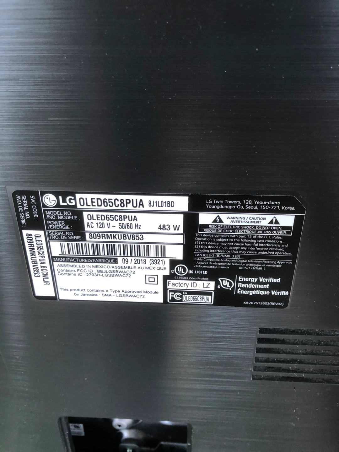 As is.  LG OLED65C8PUA 65" 4K Smart TV - photo 4