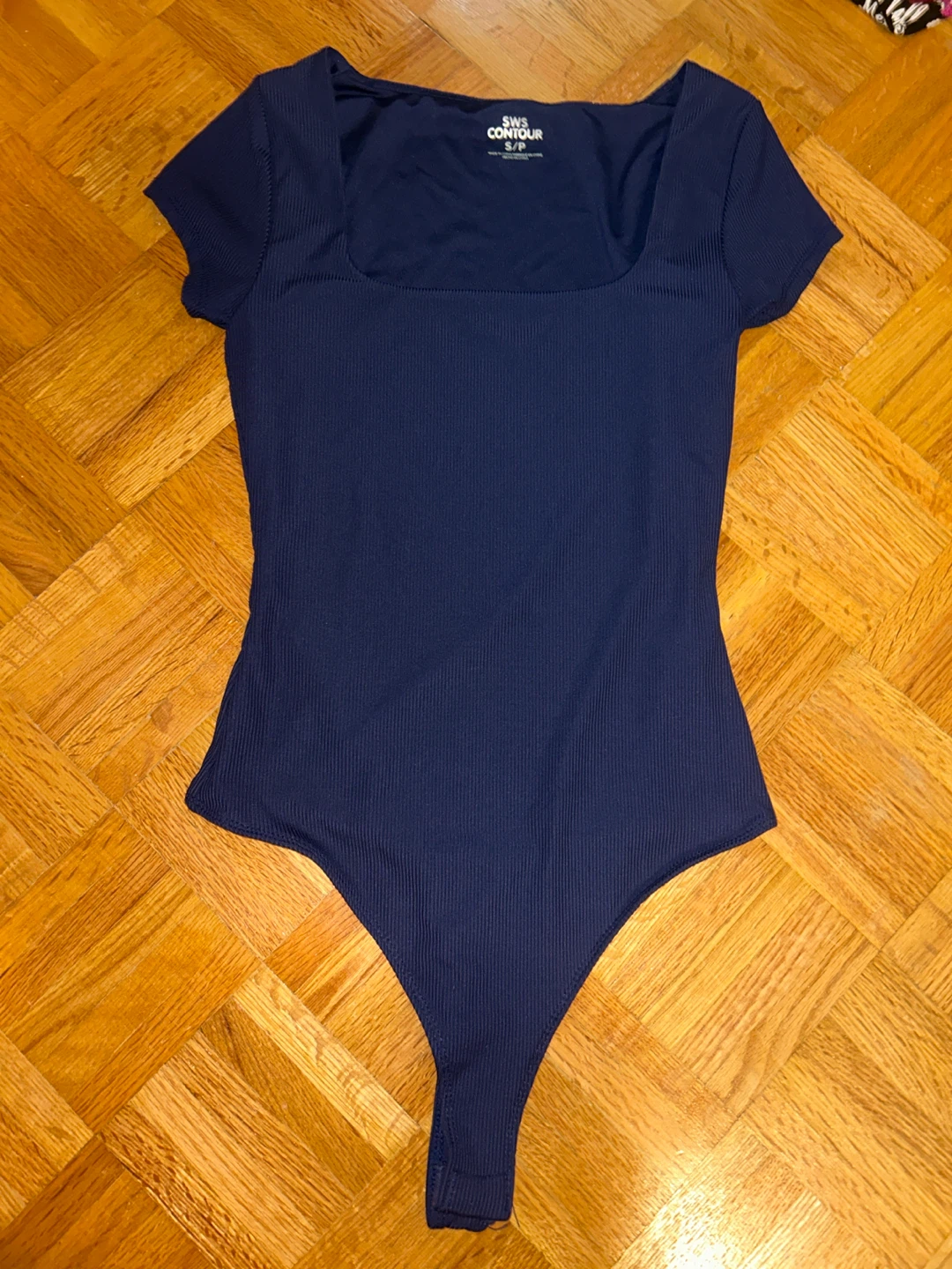 Navy Ribbed Square Neck Bodysuit