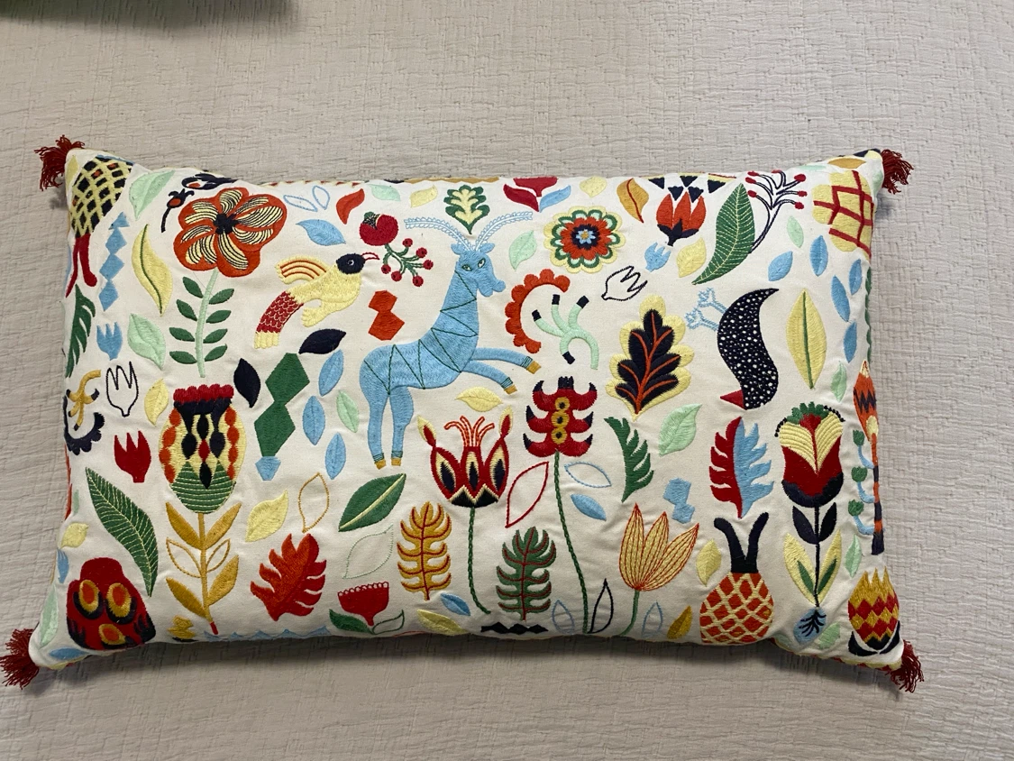 Embroidered Decorative Pillow with Folk Art Design