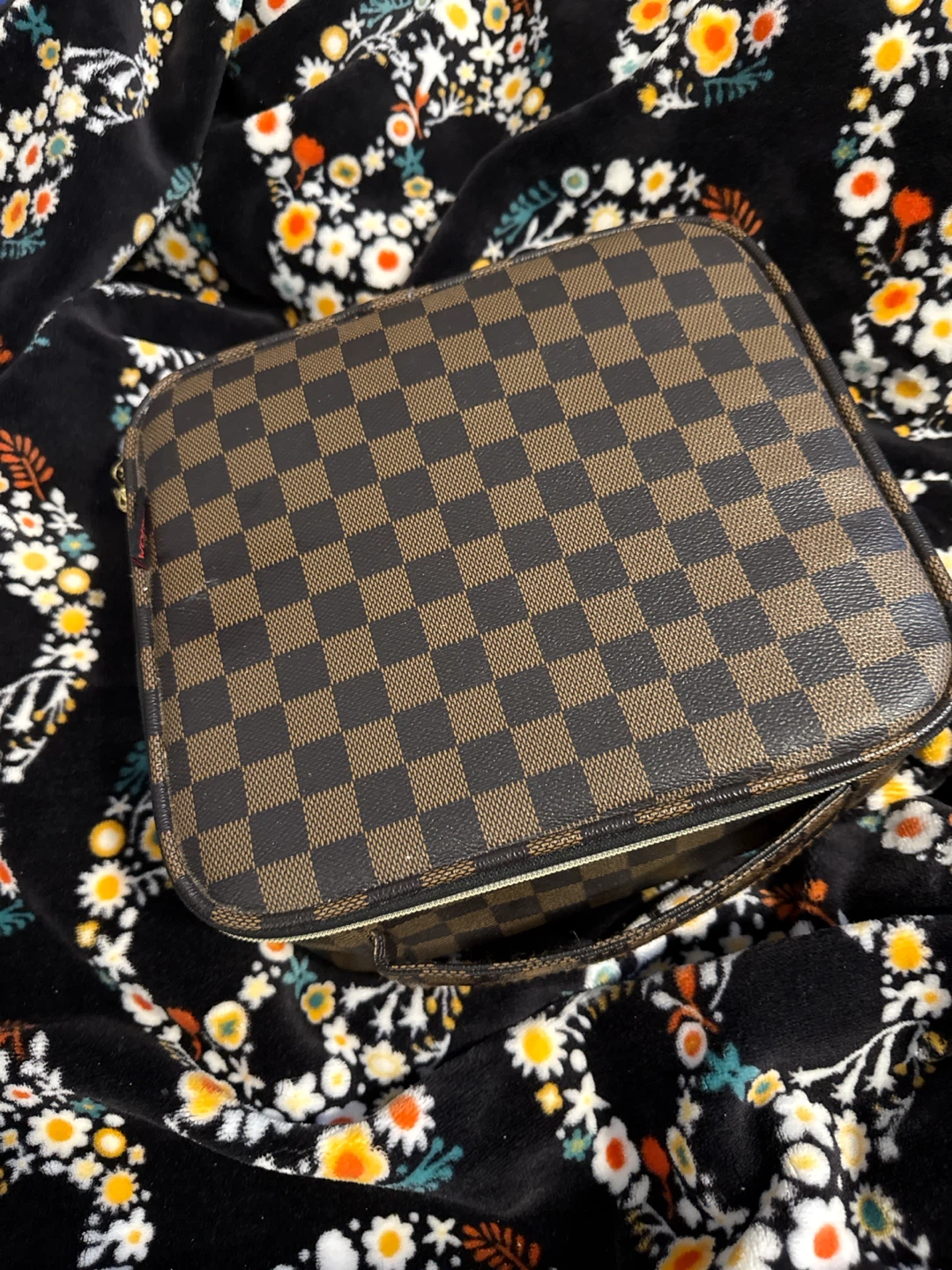 Brown Checkered Makeup Train Case Organizer