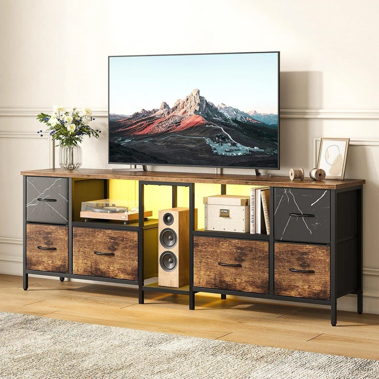 Rustic Industrial TV Stand with 6 Fabric Drawers & 3 Shelves