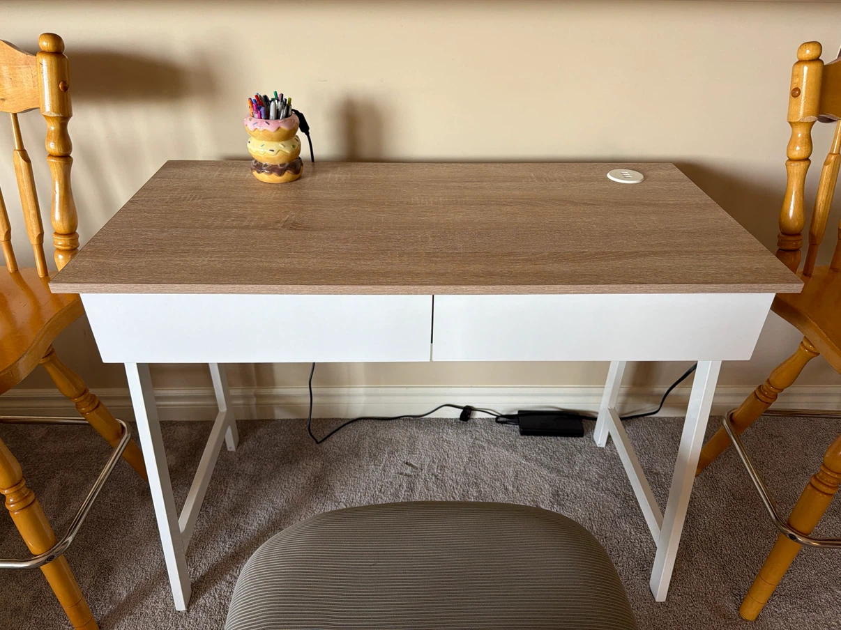 Wood grain and white desk with drawers