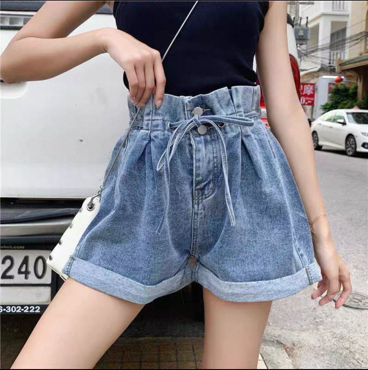 Women's Light Wash Denim High Waist, Elastic Band Shorts