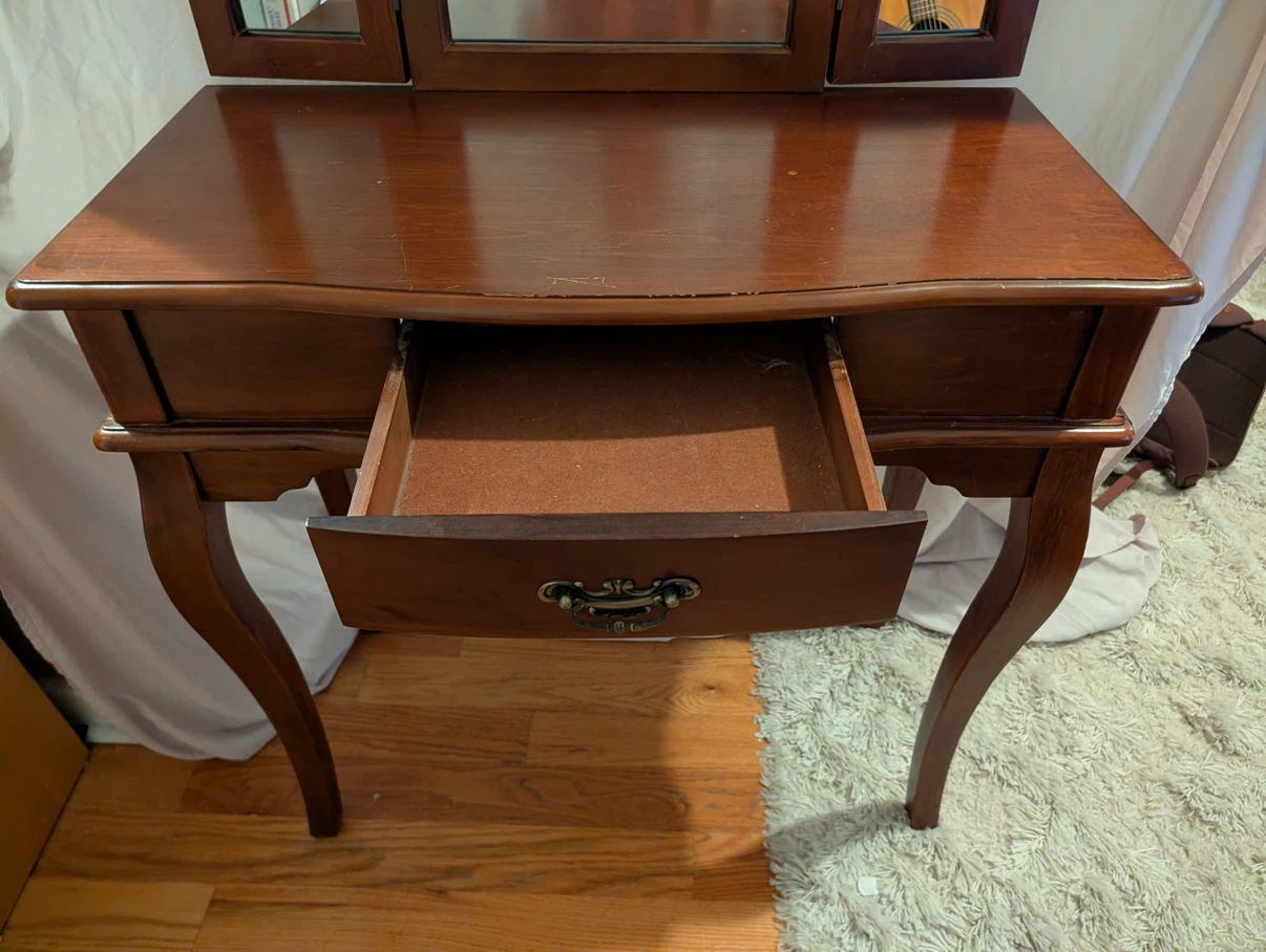 Wooden Vanity Table with Mirror and Stool - photo 2