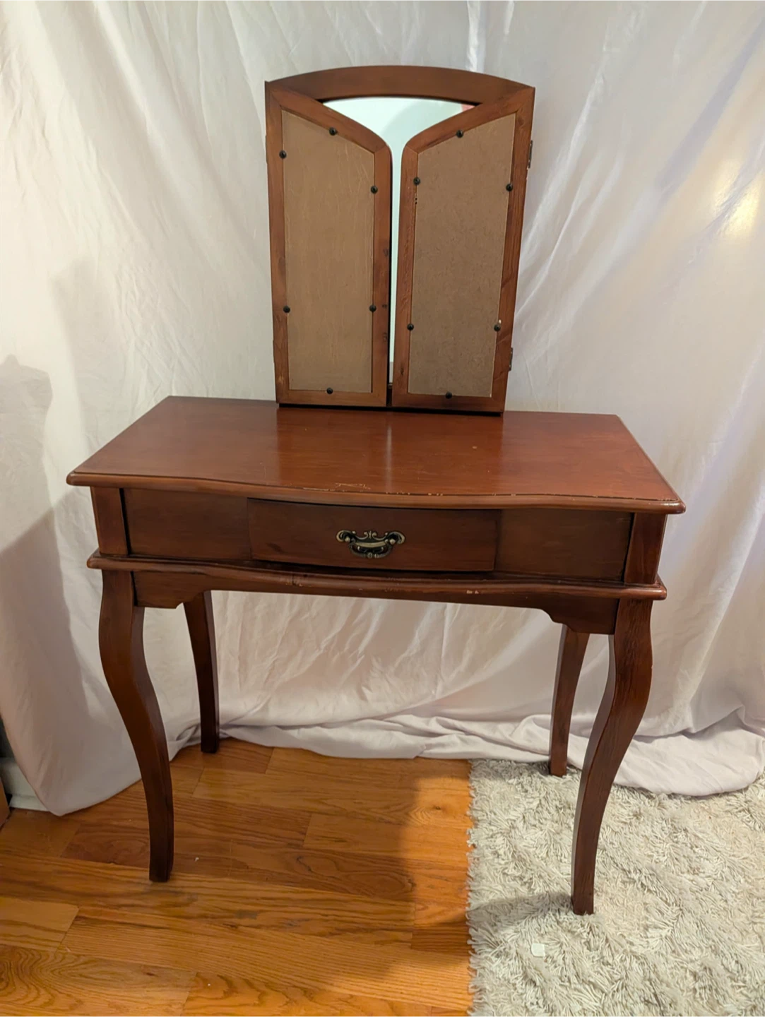 Wooden Vanity Table with Mirror and Stool - photo 4