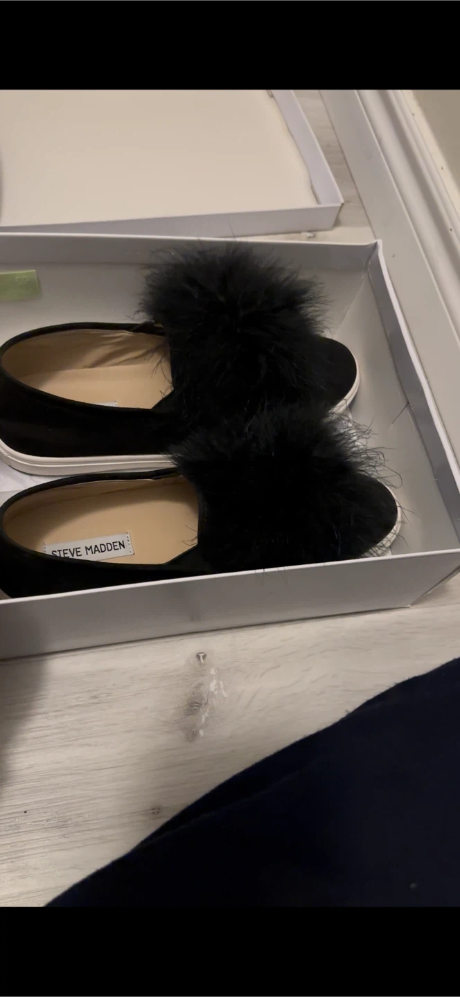 Steve Madden Black Slip-On Sneakers with Fur Pom-Poms