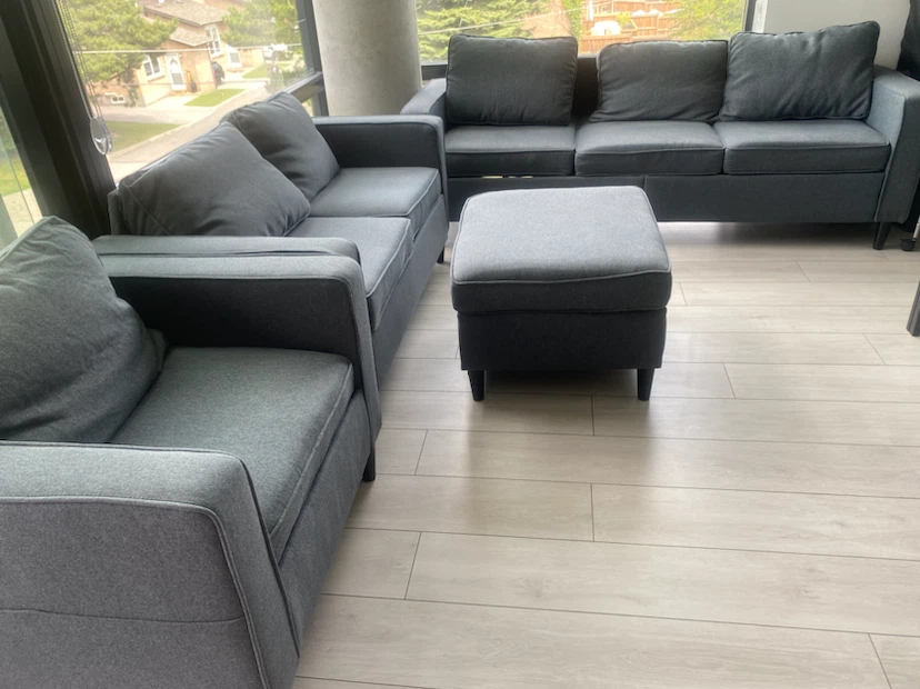 Barley used Grey Fabric Sofa Set with Ottoman