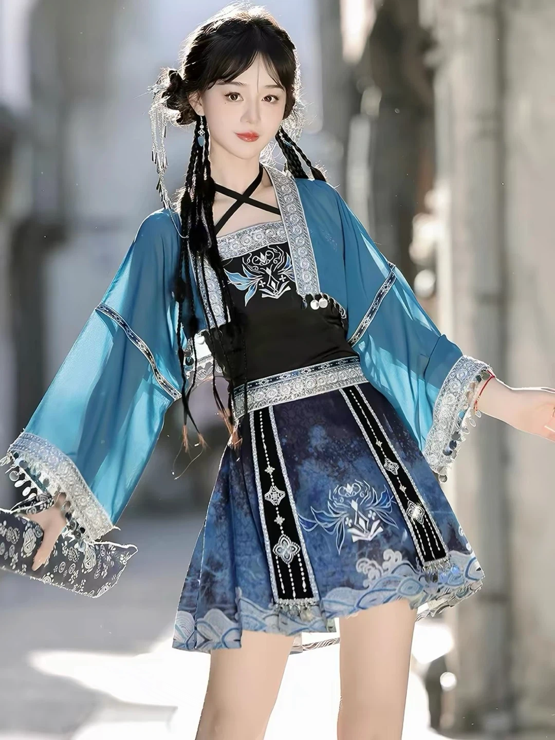 Blue Traditional Chinese Style Dress Set