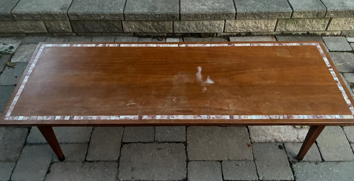 Vintage MCM Walnut Surfboard Coffee Table Purple Slag Glass Tile