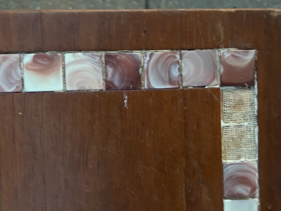 Vintage MCM Walnut Surfboard Coffee Table Purple Slag Glass Tile - photo 2