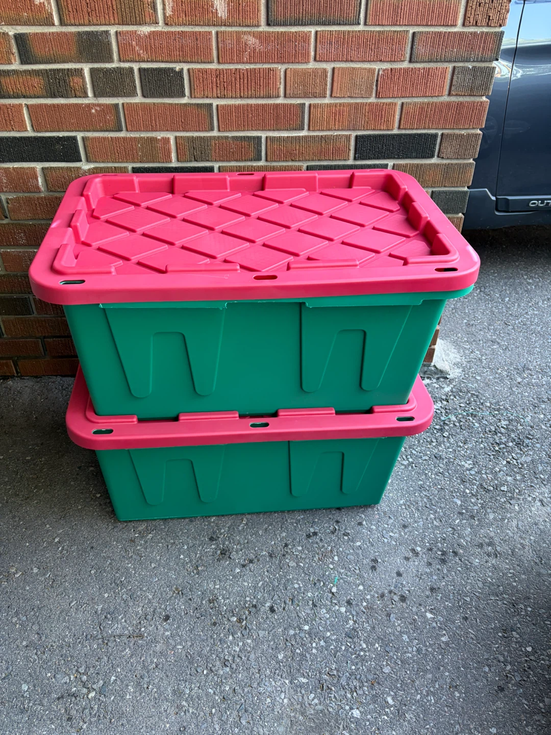 Green Storage Totes with Red Lids