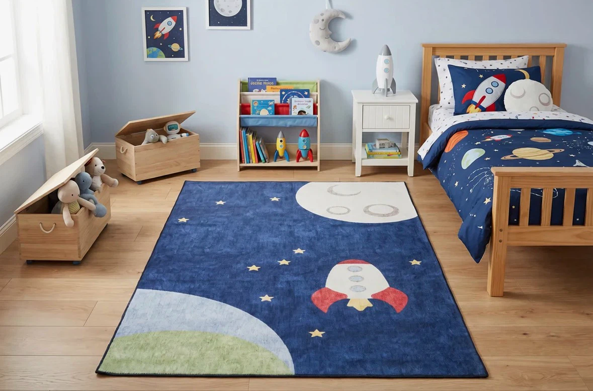 Space Rocket and Stars Area Rug