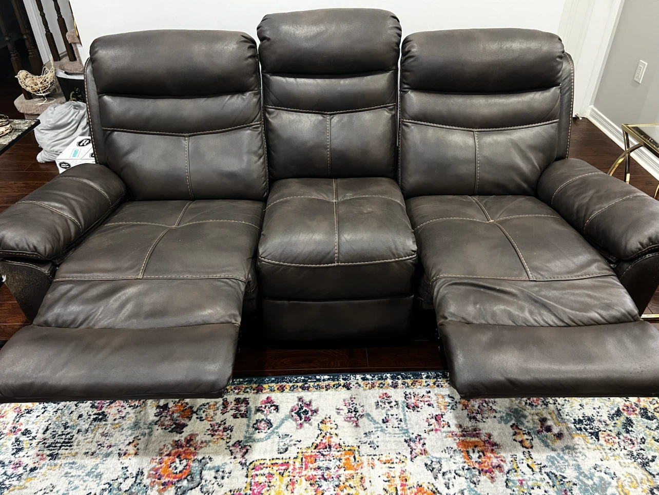 Brown Leather 3-Seater Reclining Sofa with Centre Console