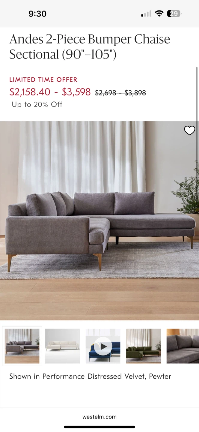 West Elm Andes 2-Piece Bumper Chaise Sectional (90"-105") - photo 4