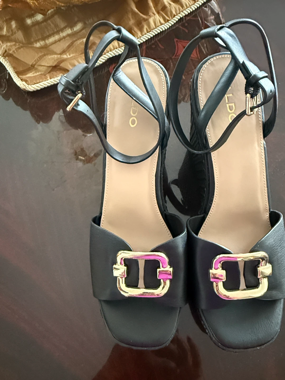 ALDO Black Wedge Sandals with Gold Buckle