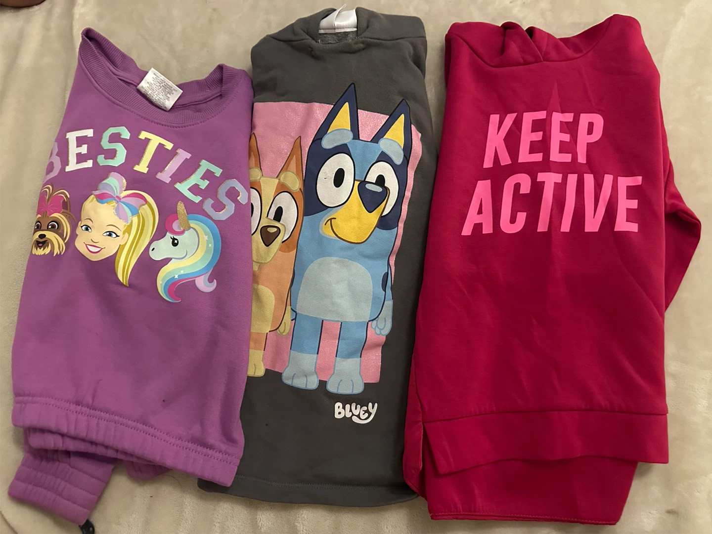 3 Girls' Sweatshirts Bundle - Bluey, Jojo Siwa, Keep Active