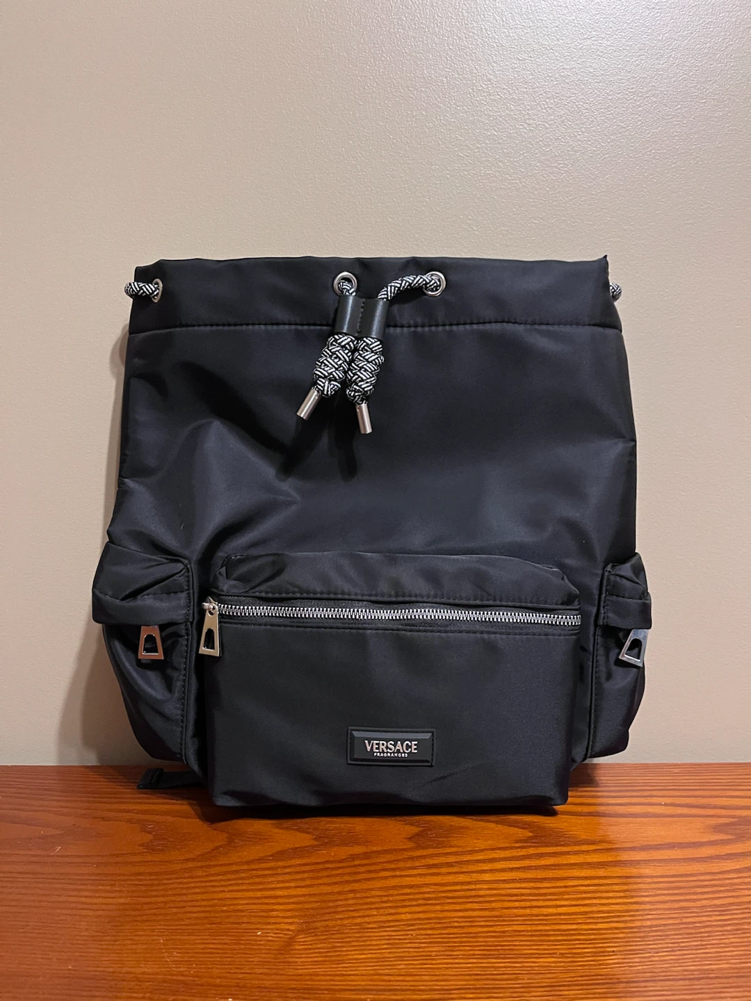 VERSACE BLACK NYLON DRAWSTRING BACK PACK - photo 2