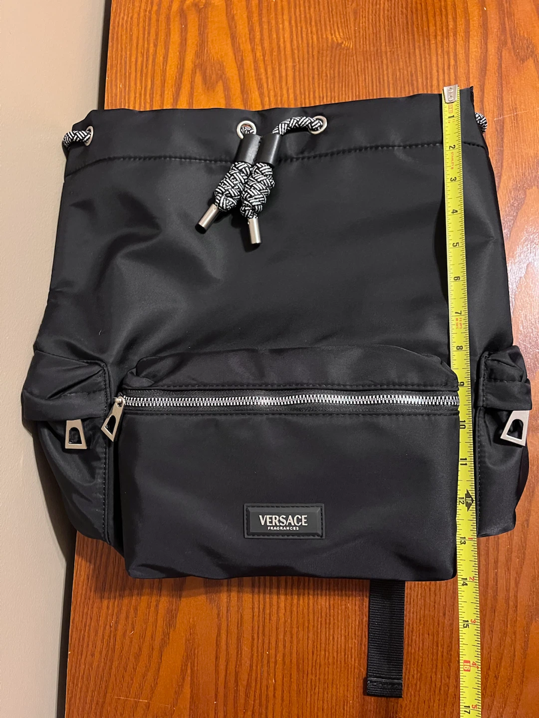 VERSACE BLACK NYLON DRAWSTRING BACK PACK - photo 3