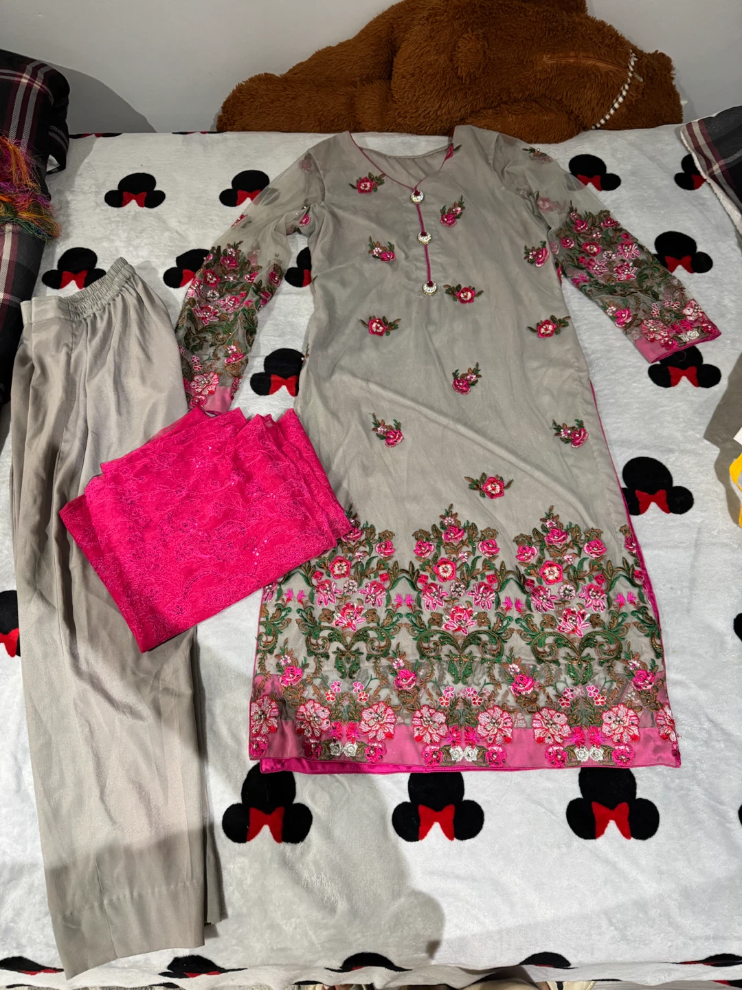 Grey Embroidered Kurti with Pants and Scarf