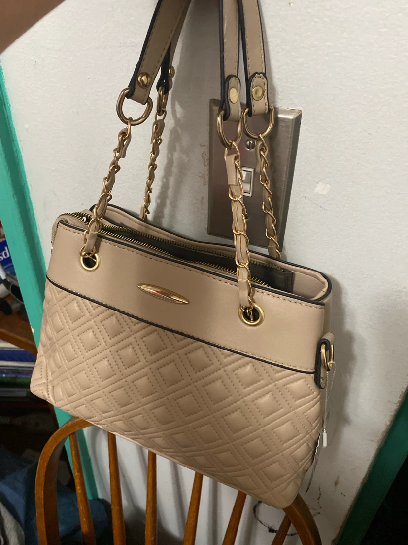 Beige Quilted Handbag with Chain Strap