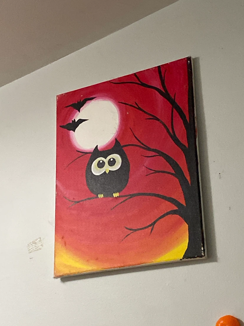 Hand-Painted Owl and Moon Canvas Art
