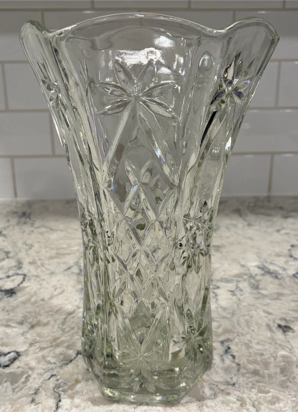 Vintage Cut Glass Flower Vase – Starburst Pattern 10”