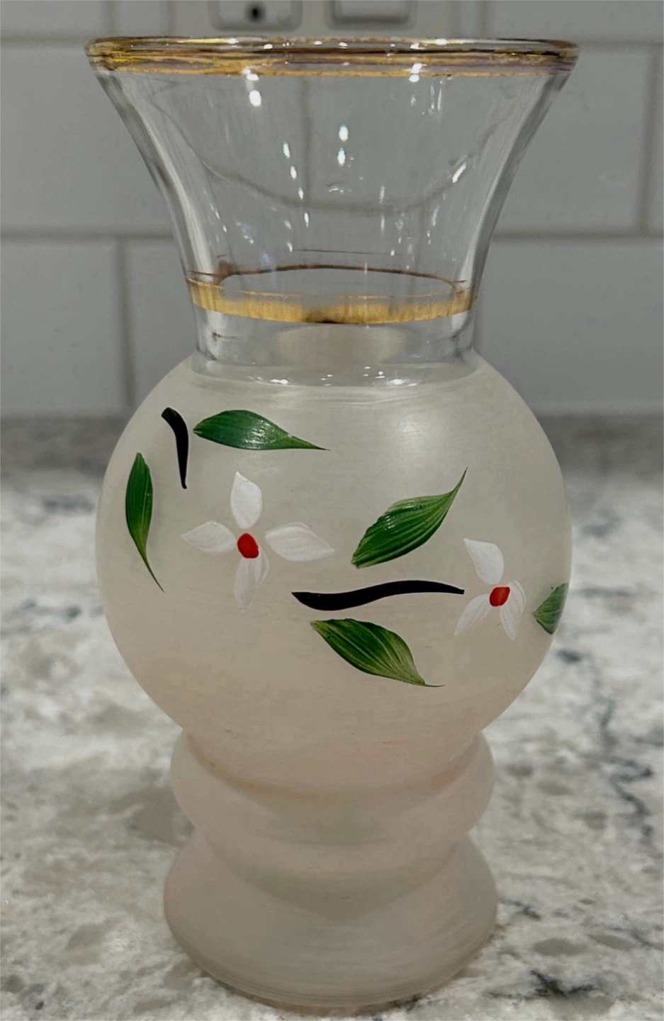 Frosted Art Glass Bud Vase w/ Hand Painted Floral & Gold Trim