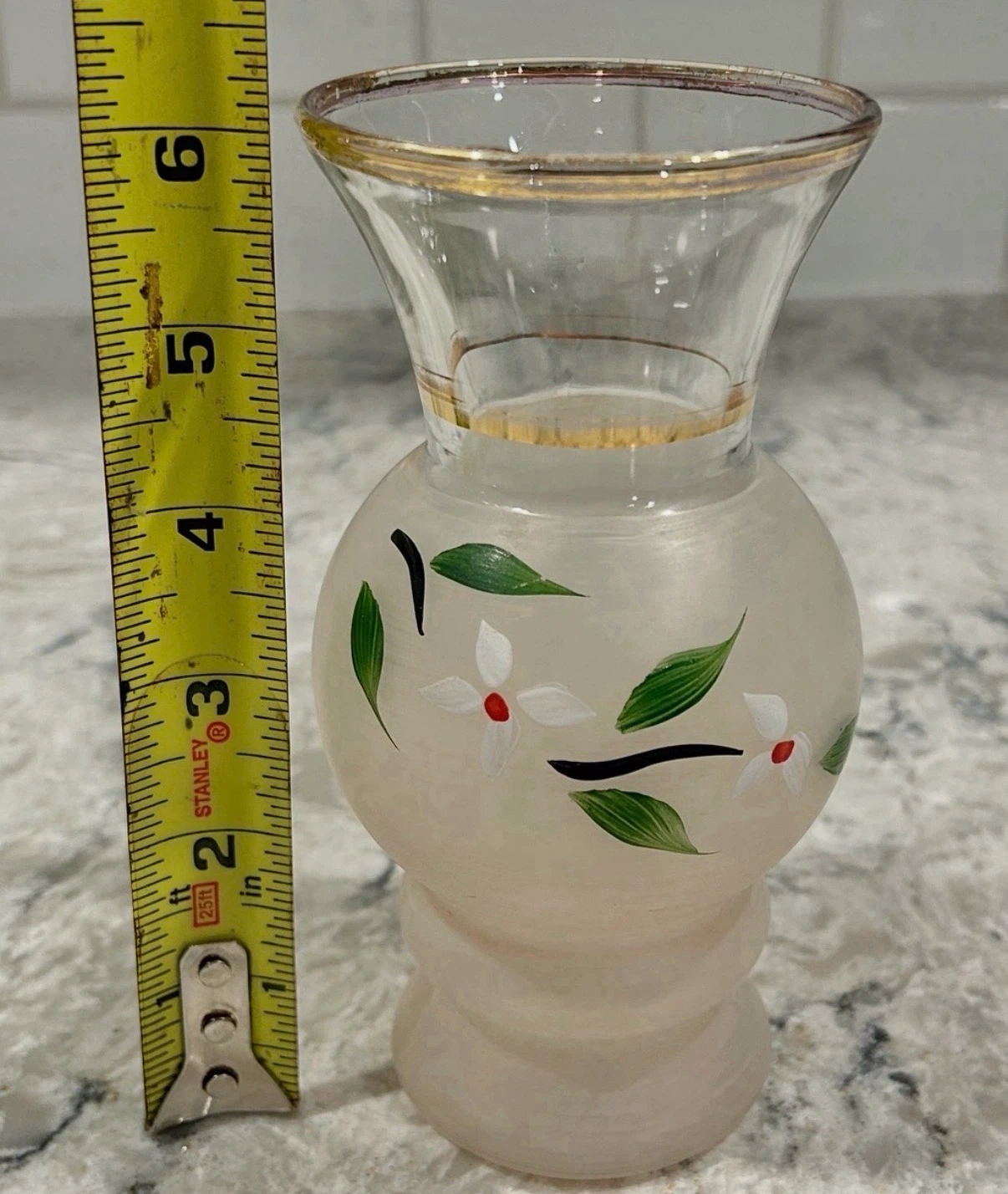 Frosted Art Glass Bud Vase w/ Hand Painted Floral & Gold Trim - photo 5