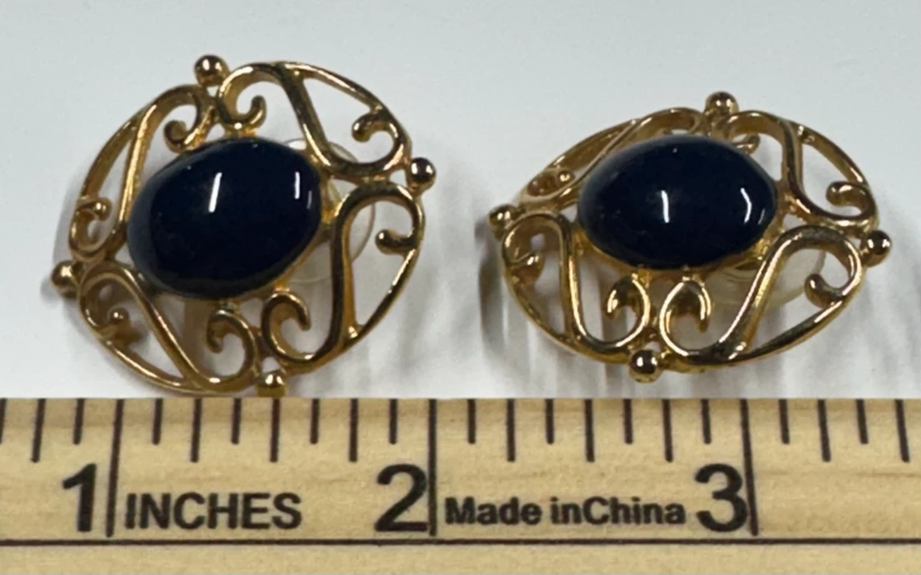 Gold Tone Blue Stone Dangle Earrings - photo 3