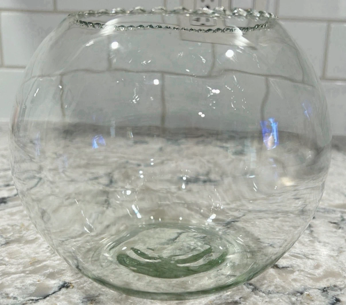 Clear Hand Blown Glass Fish Bowl / Bubble Vase with Ruffled Rim