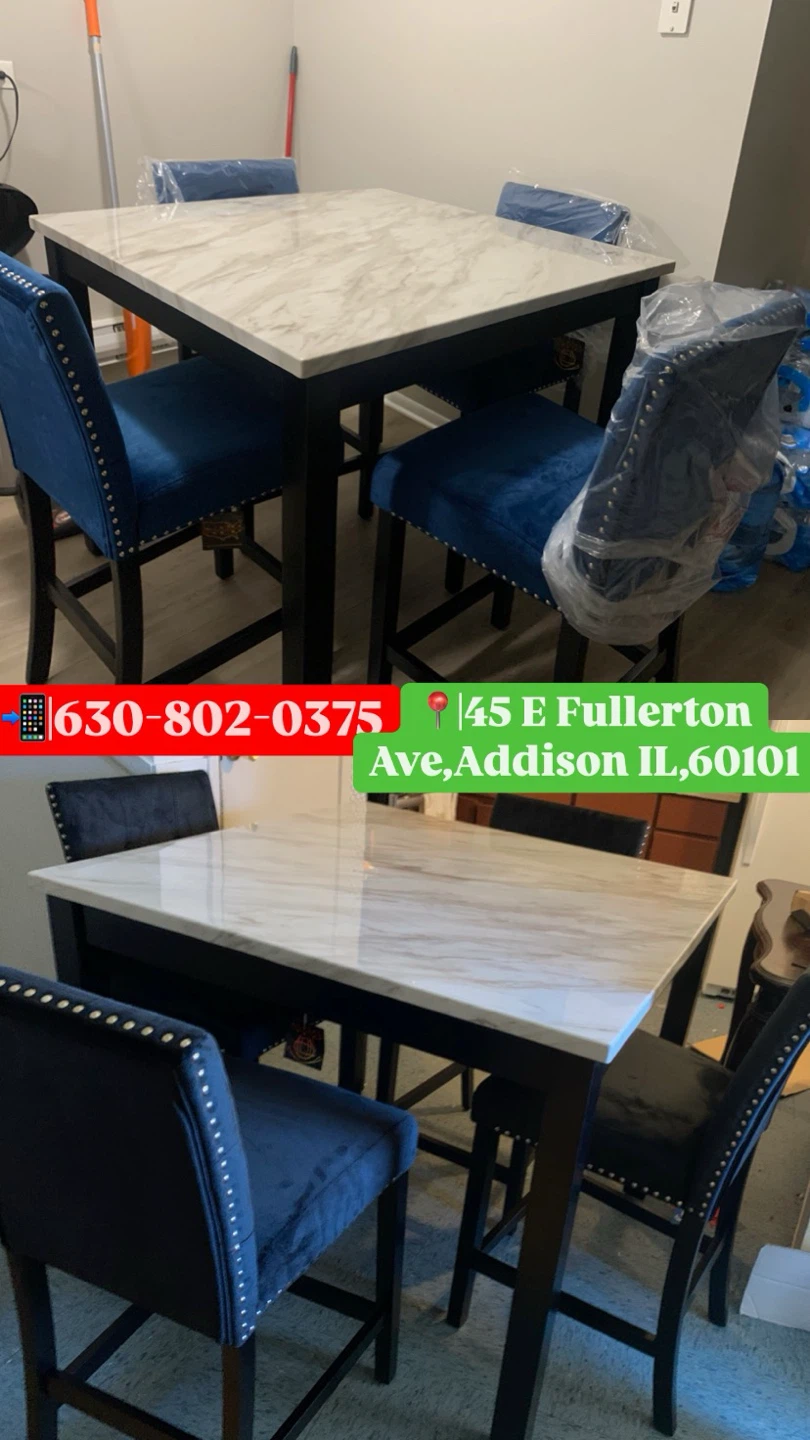 Marble Top Counter Height Dining Set with 4 Blue Chairs