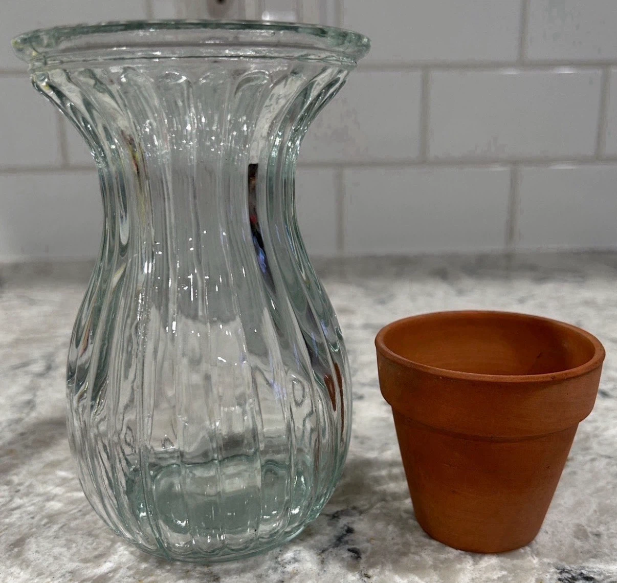 Ribbed Glass Bud Vase Flared Top, Clear Pressed Glass (5”)