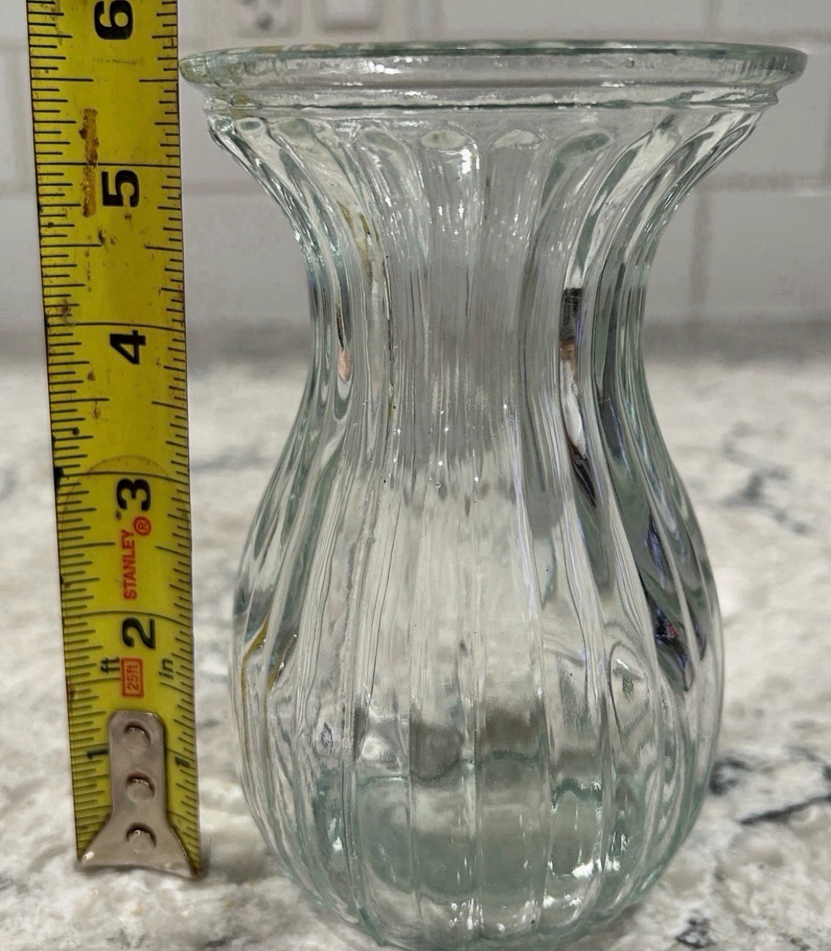 Ribbed Glass Bud Vase Flared Top, Clear Pressed Glass (5”) - photo 4