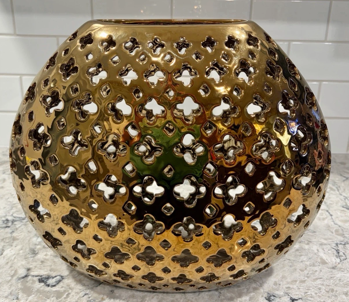 Large Gold Pierced Metal Lantern / Decorative Vase
