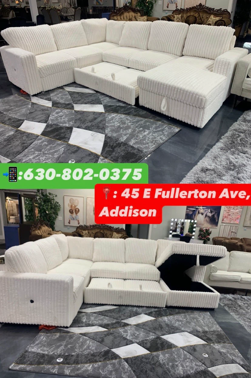 White Corduroy Sectional Sofa with Storage