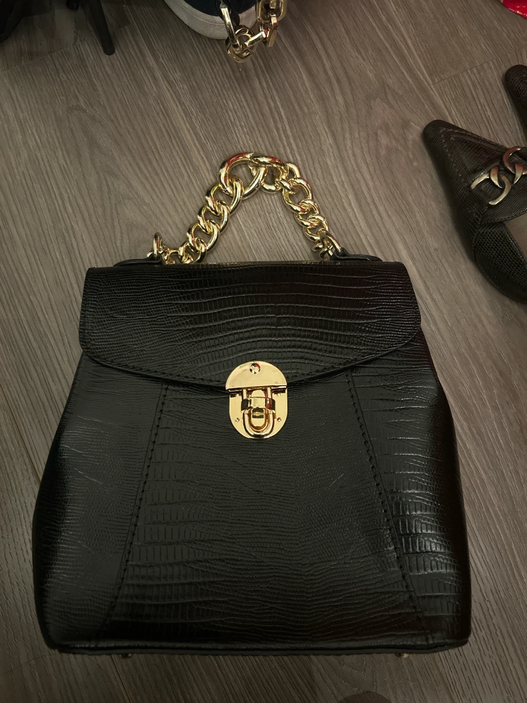 Leather Black Textured Top-Handle Bag