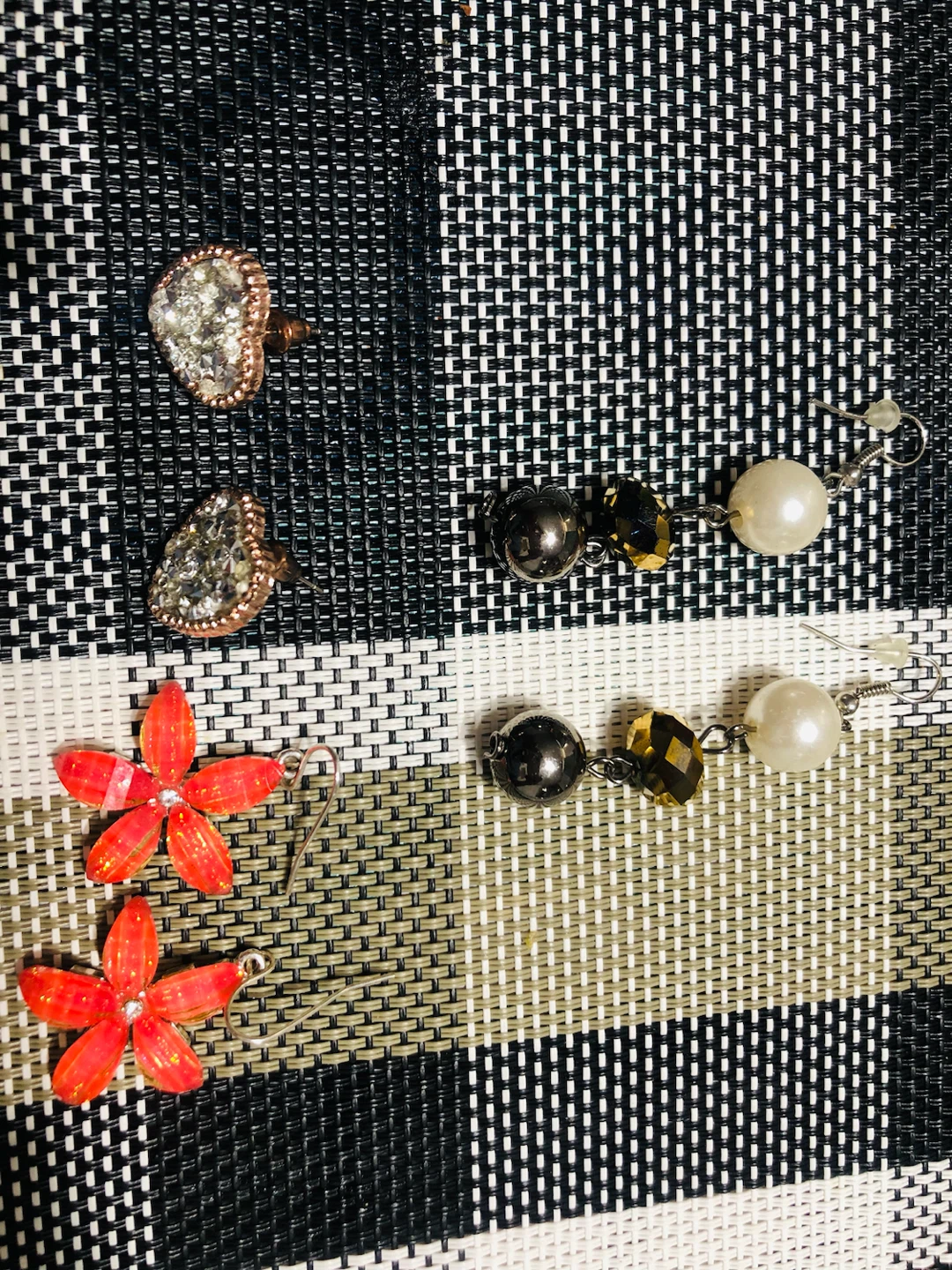 Assorted Earrings: Flower, Pearl, and Heart Studs