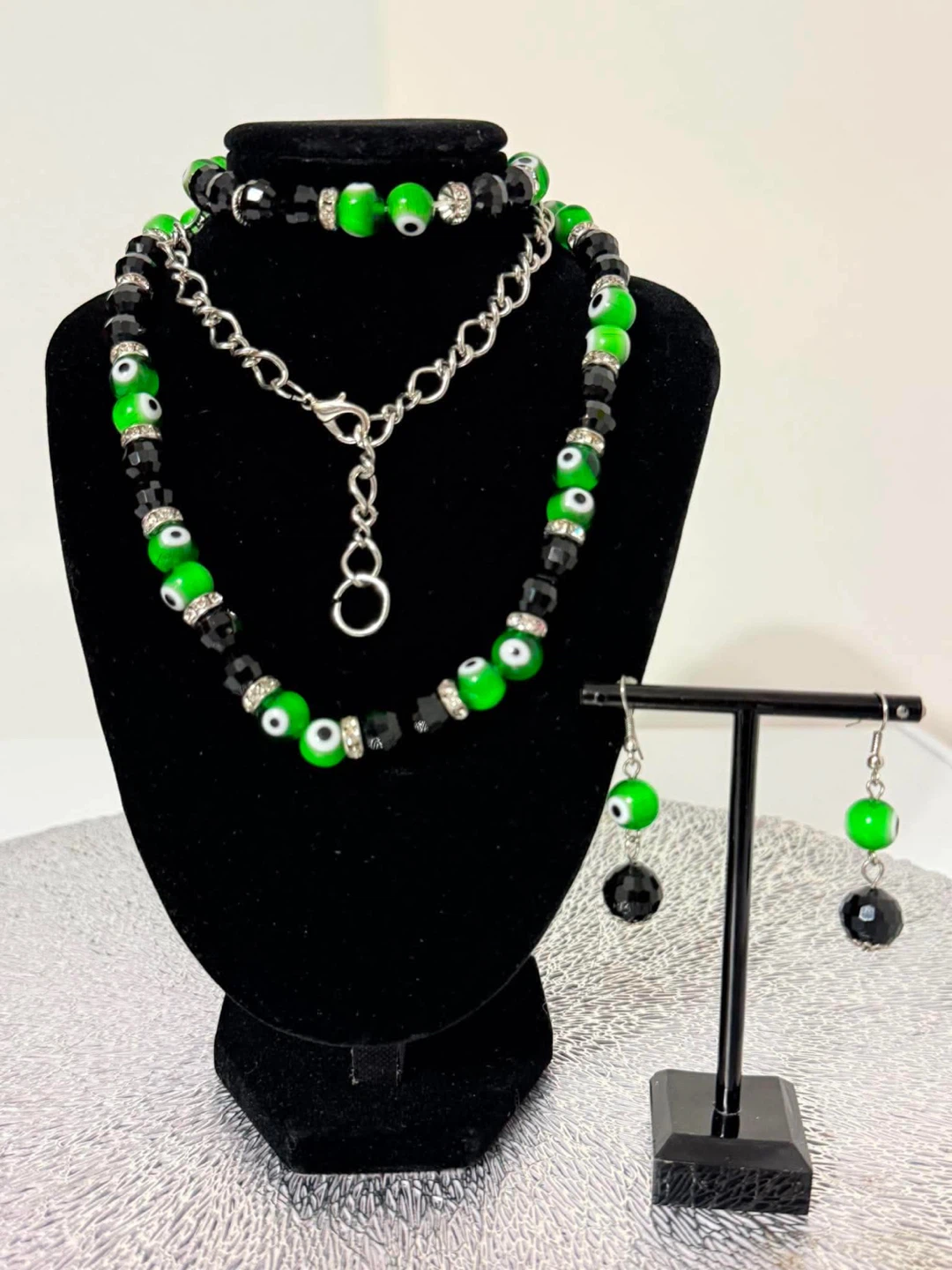 Green Evil Eye Necklace Bracelet and Earrings Set