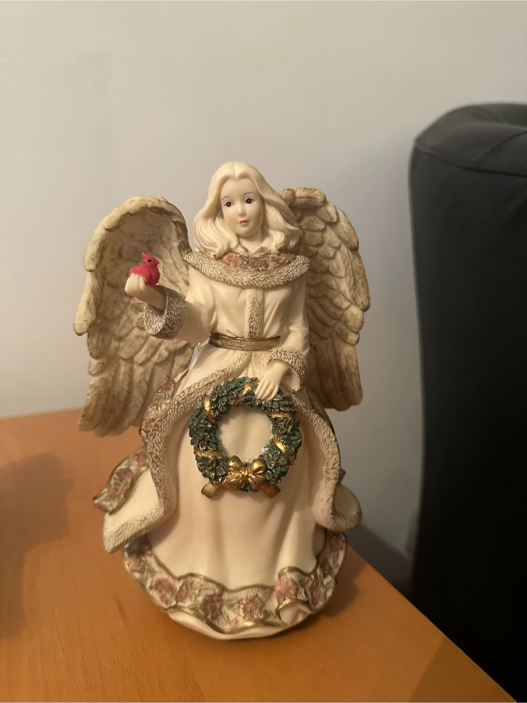 Angel Figurine Holding Wreath and Bird