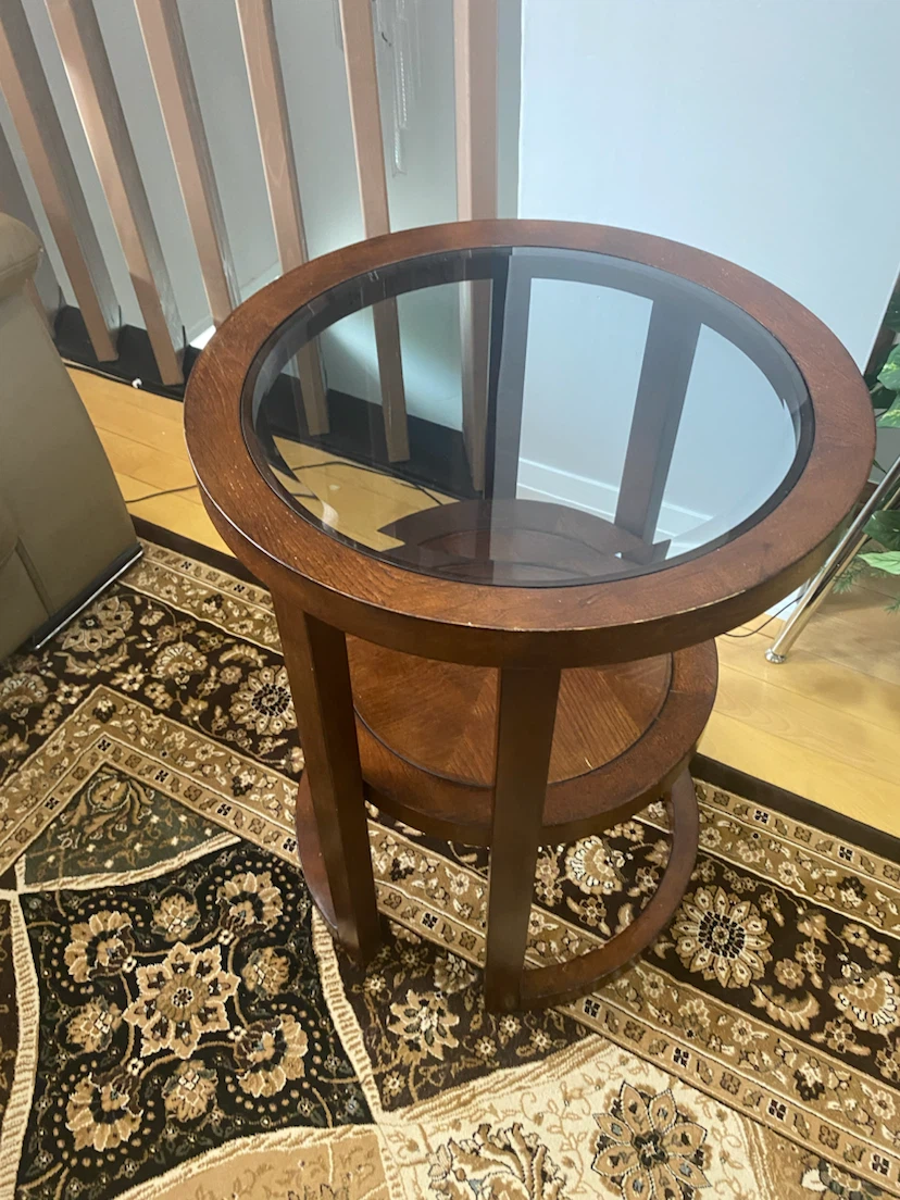 Round Wood Side Table with Glass Top