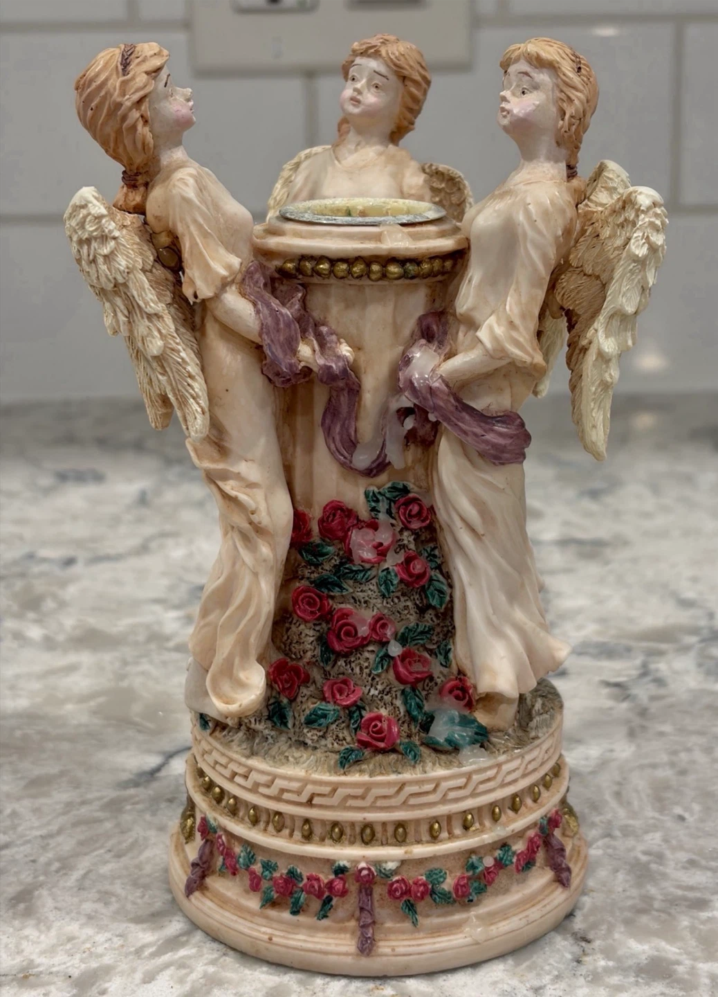 Vintage 3 Angel Resin Candle Holder – Cherub Figurine