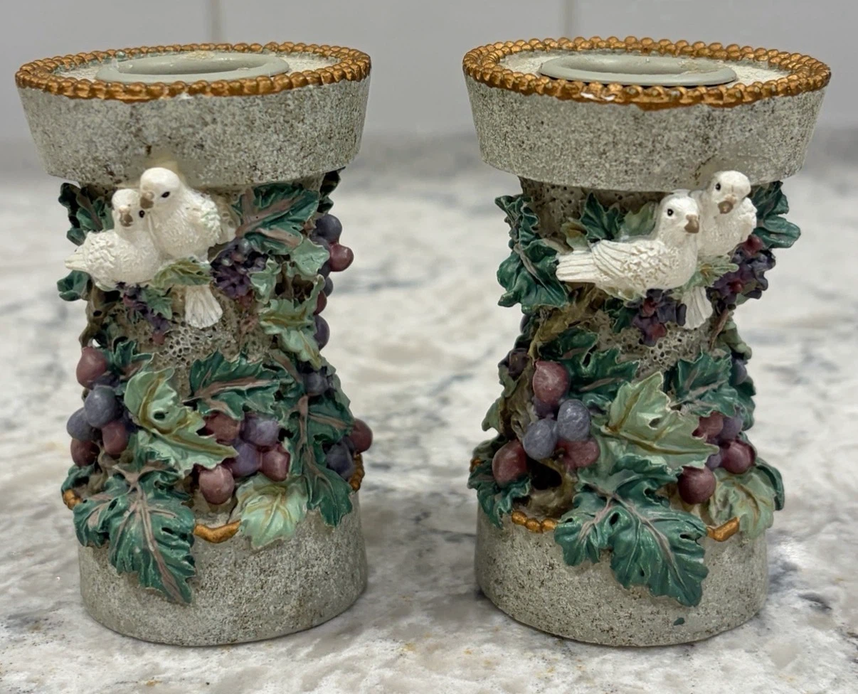 Vintage Dove & Grape Ceramic Candle Holders – Set of 2