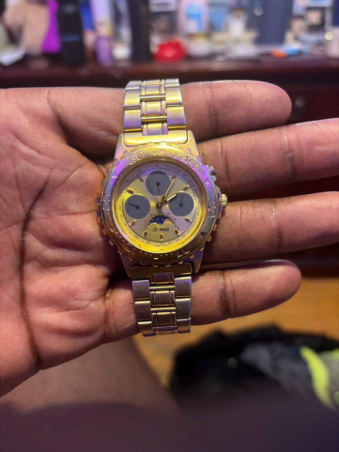 Dumai Gold Tone Chronograph Watch with Moon Phase