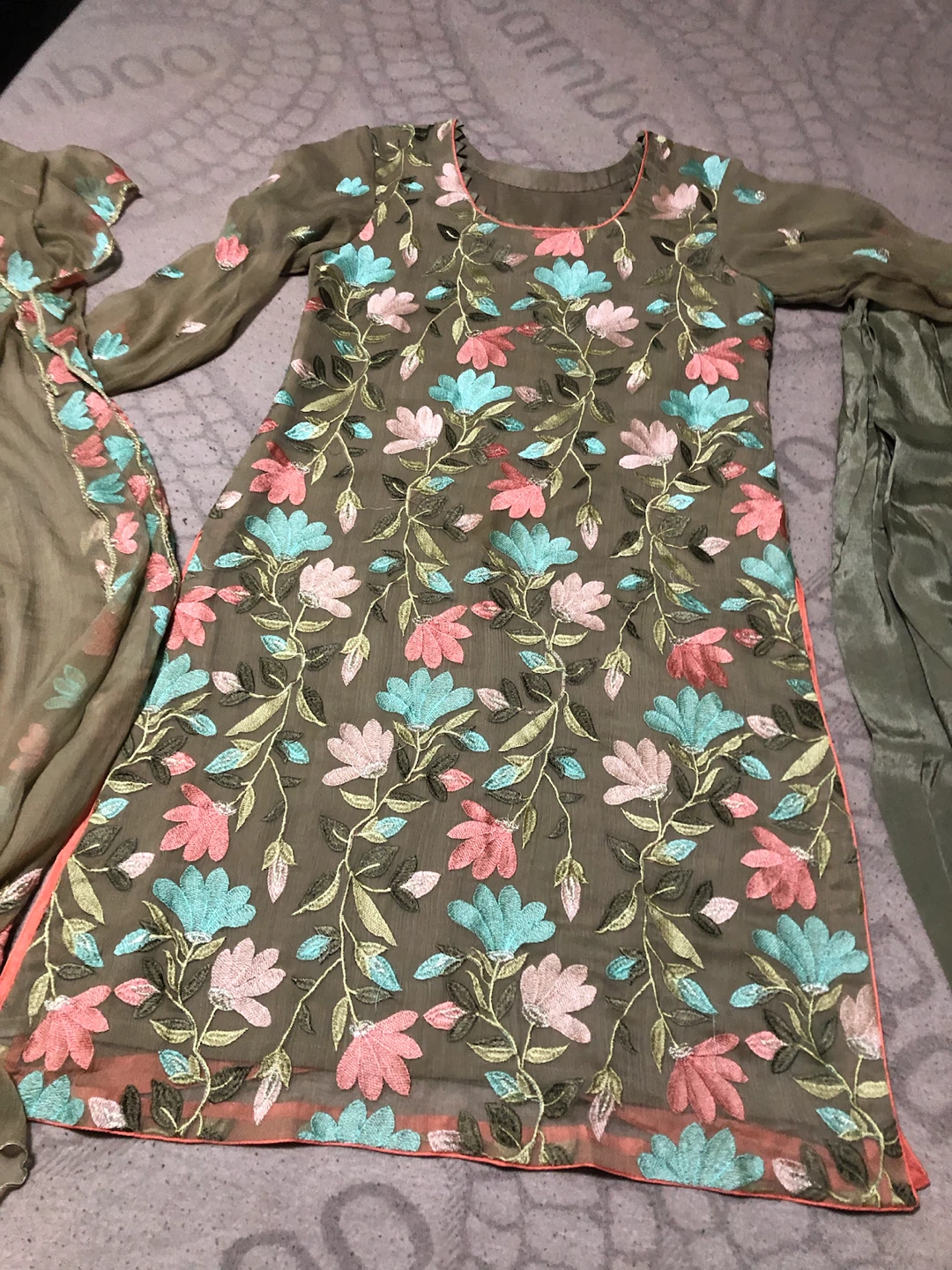 Embroidered Kurti with Pants and Dupatta Set