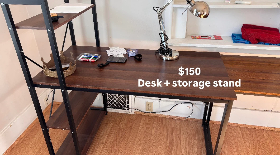 2 Desks, gaming chair, clothing cabinet for sale!