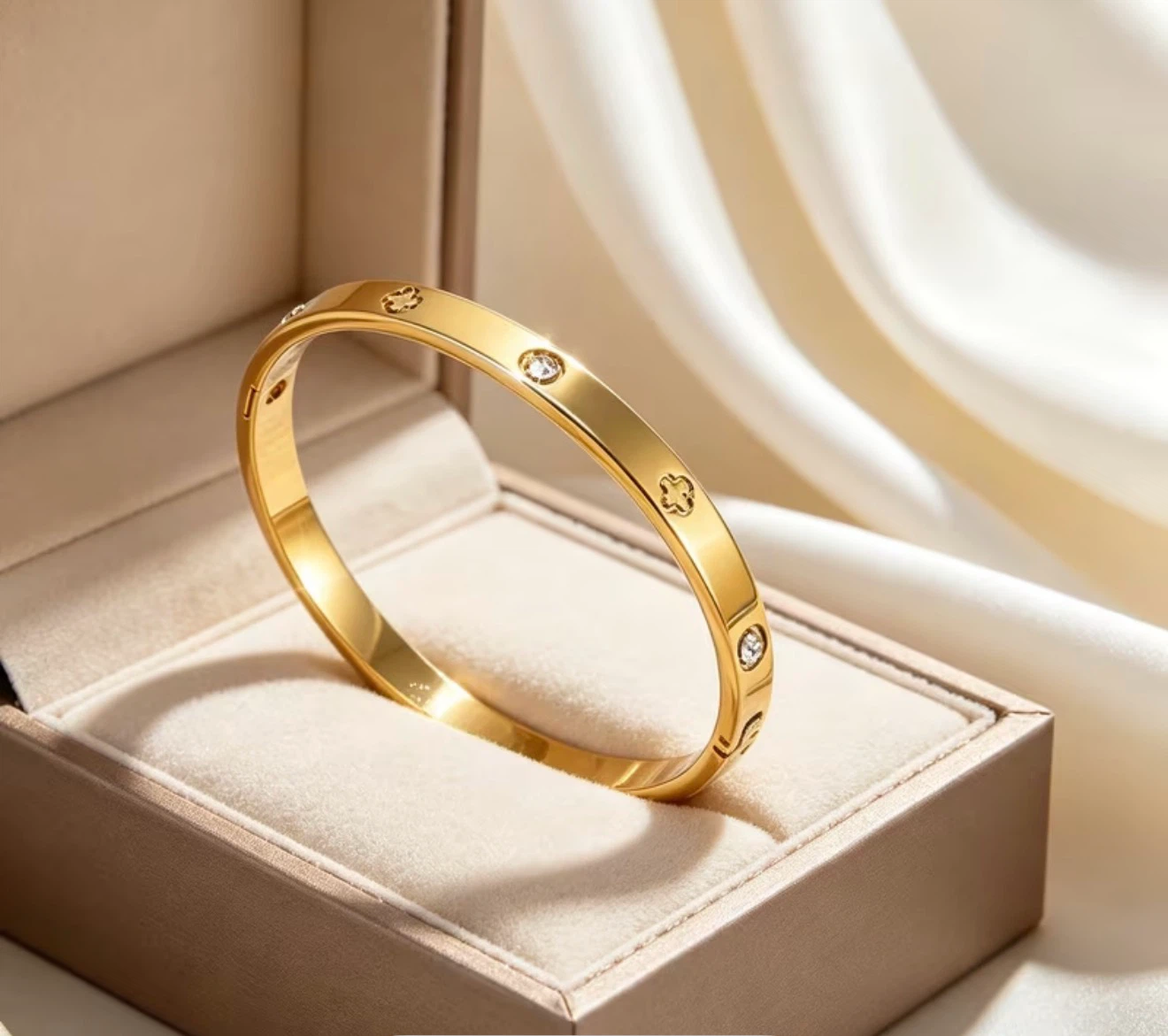 18K Plated Gold-tone Bangle with Clover Charms and Crystals