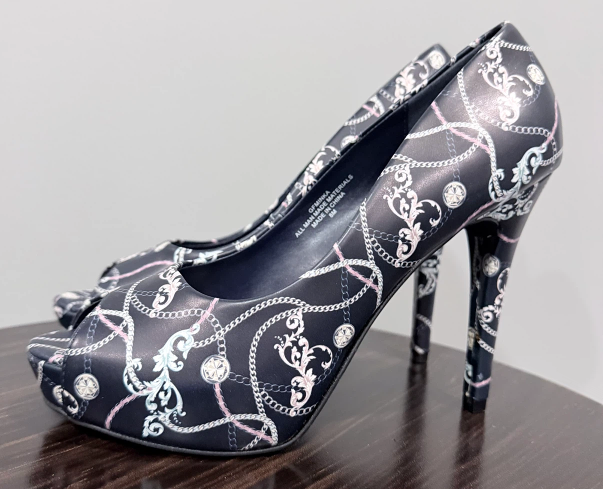 Navy Blue Chain Print Heels (Guess)