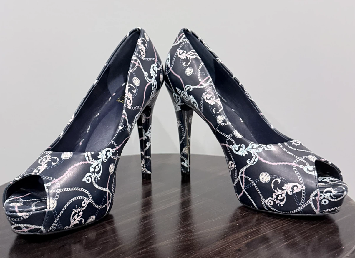 Navy Blue Chain Print Heels (Guess) - photo 2
