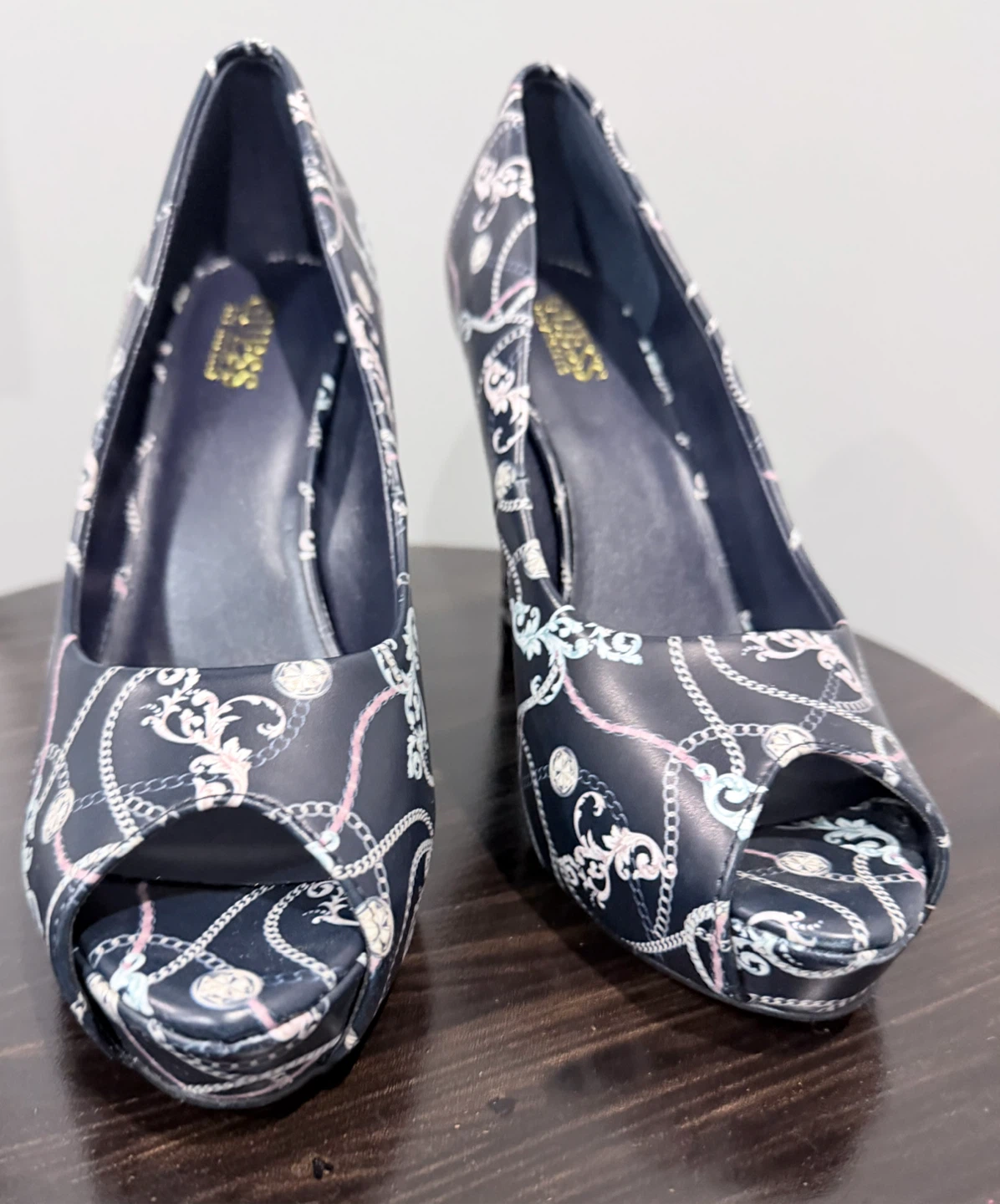 Navy Blue Chain Print Heels (Guess) - photo 3